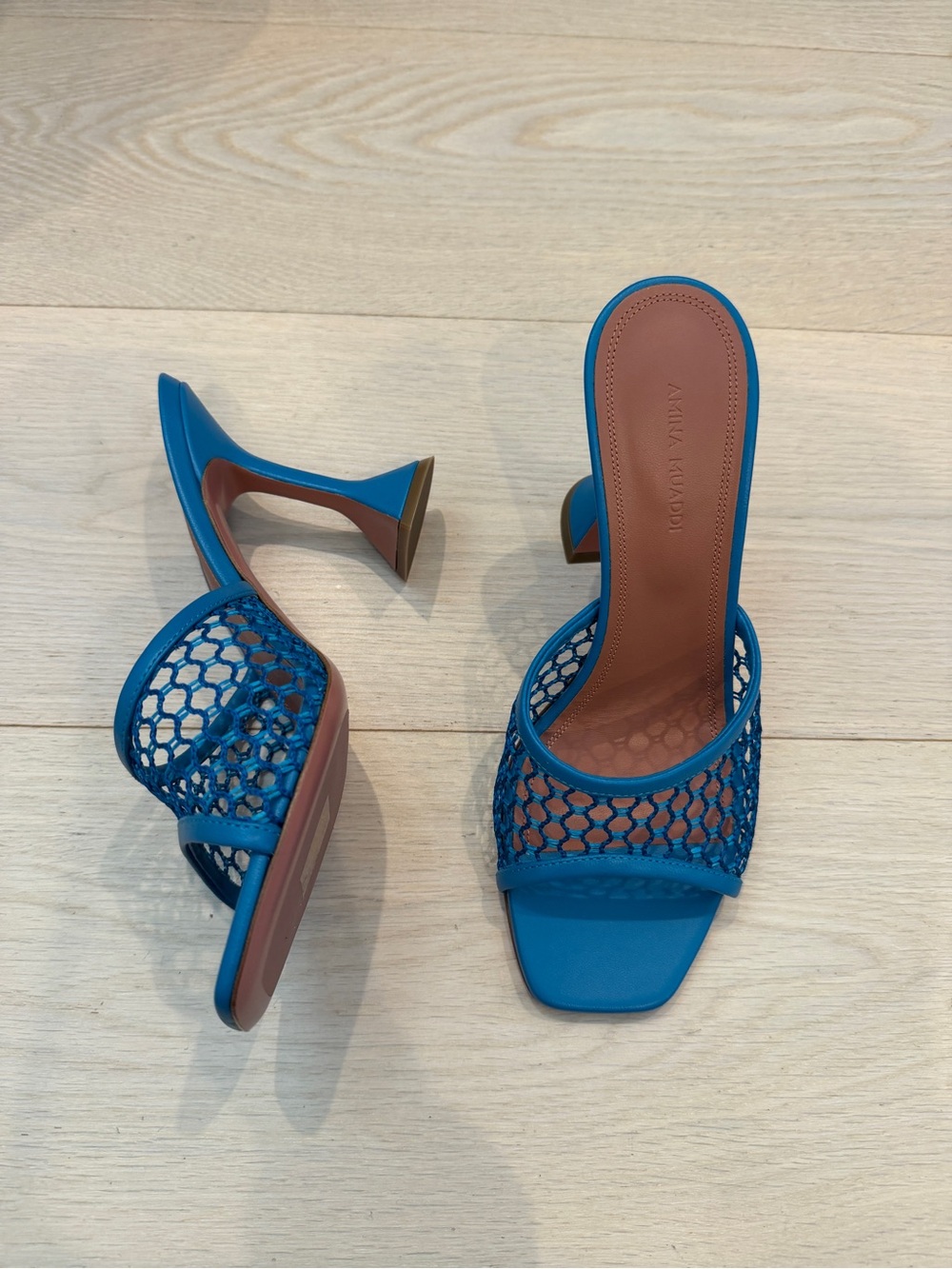 Amina Muaddi Blue Mesh Lupita 95 Square-Toe Mule Heels